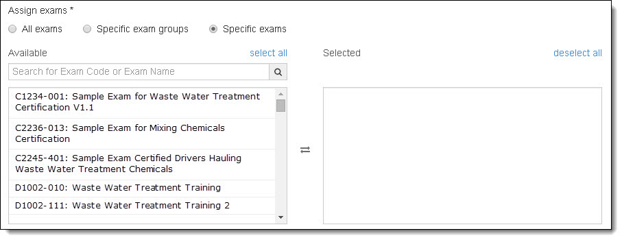 Assign specific exams to private access code.